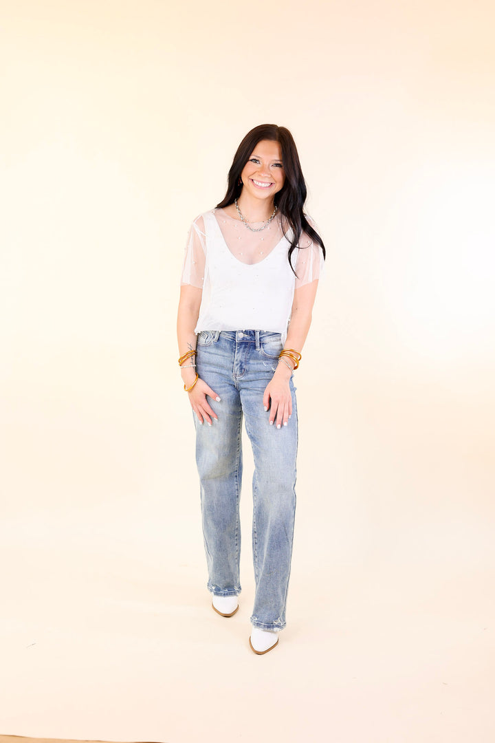 Shimmer in Style Mesh Short Sleeve Top with Pearls and Rhinestones in Off White