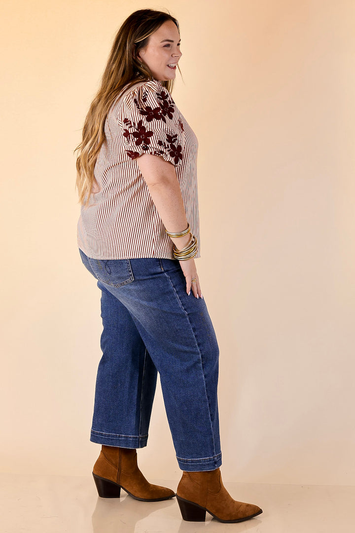 Sweet Intentions Button Down Striped Top with Puff Embroidered Sleeves in Maroon