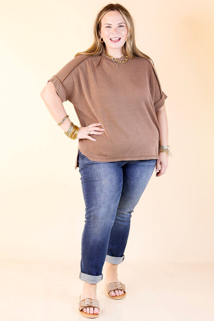Daily Perfection Scoop Neck Short Sleeve Ribbed Top in Brown