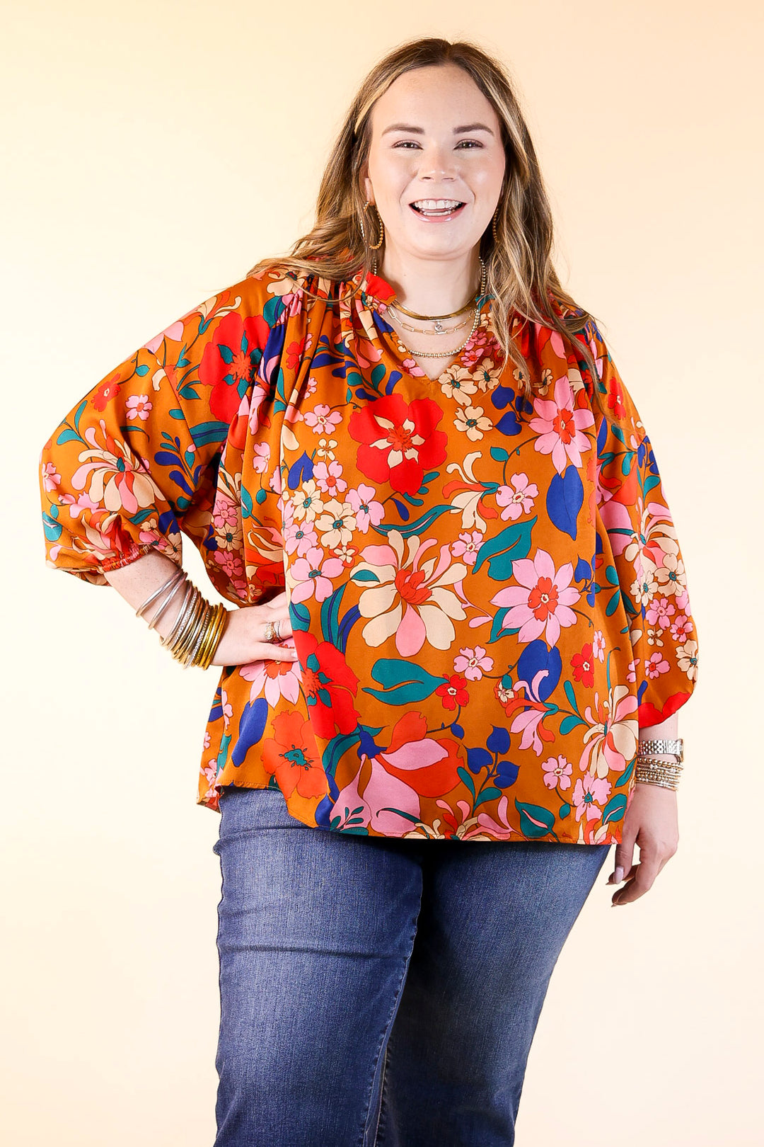 Falling For Floral 3/4 Sleeve Top with Notched Neck in Camel Brown