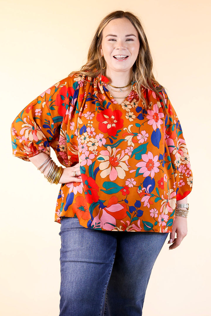 Falling For Floral 3/4 Sleeve Top with Notched Neck in Camel Brown