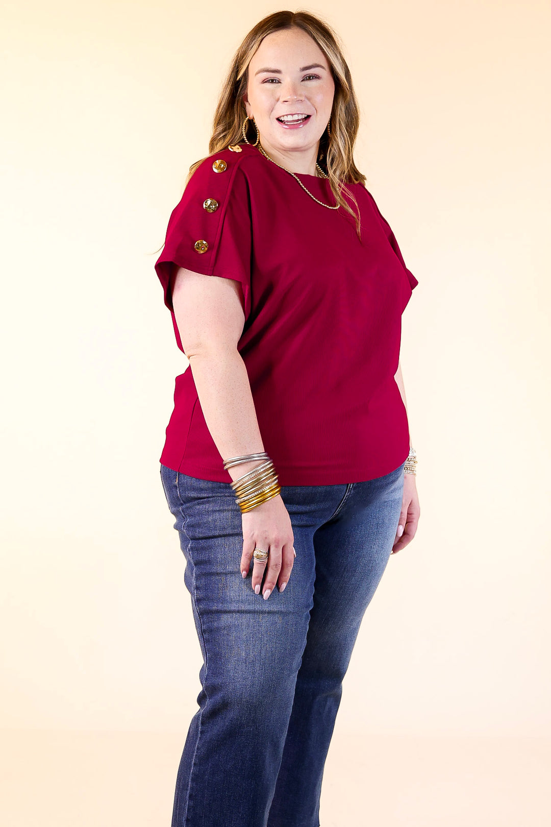 Golden Hour Glow Ribbed Crew Neck Top With Gold Button Detailing in Maroon