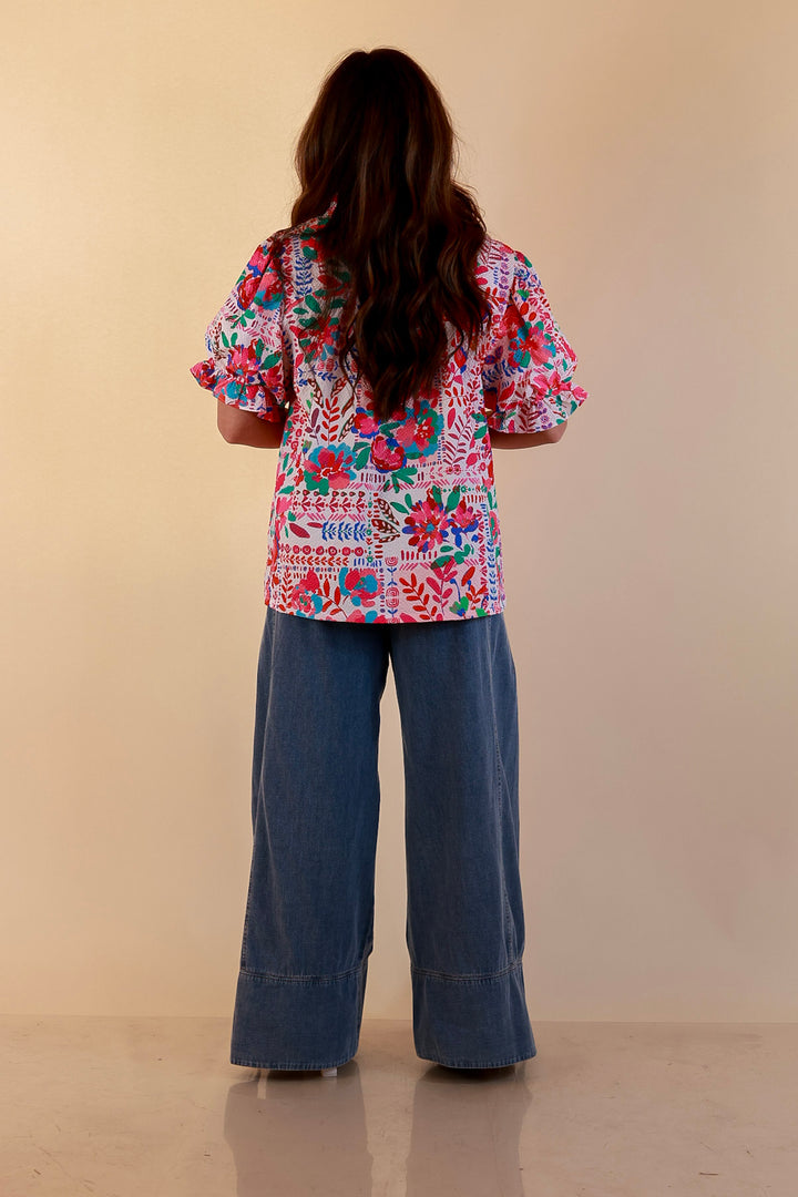 Blooming Grace Floral Print Top with Split Neckline and Puff Sleeves in Blush Mix