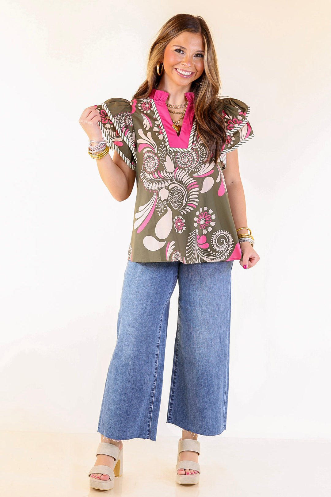 First Impressions V Neck Paisley Top with Ruffle Cap Sleeves and Stripe Detailing in Olive Green