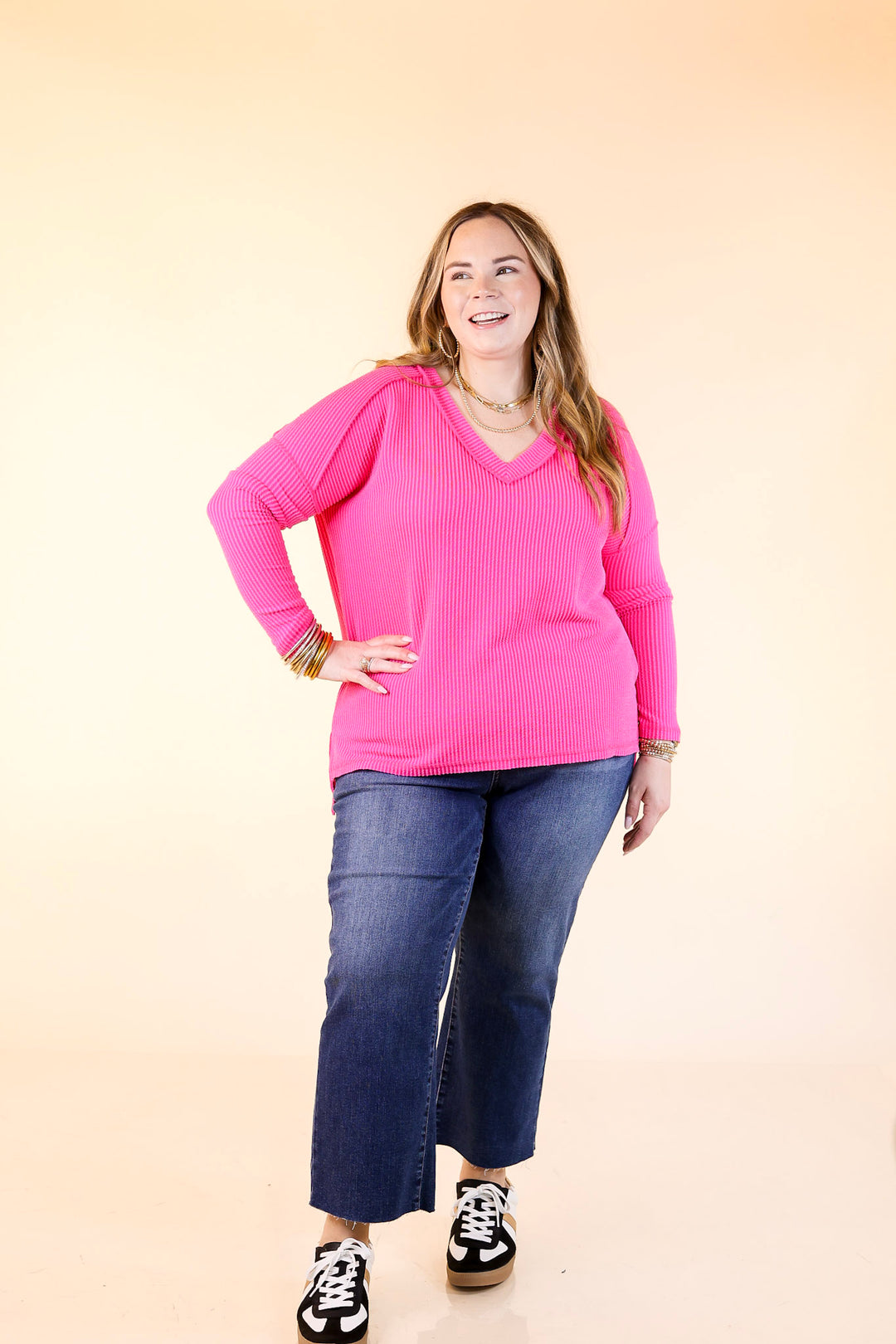 Daily Perfection V-Neck Long Sleeve Ribbed Top in Hot Pink