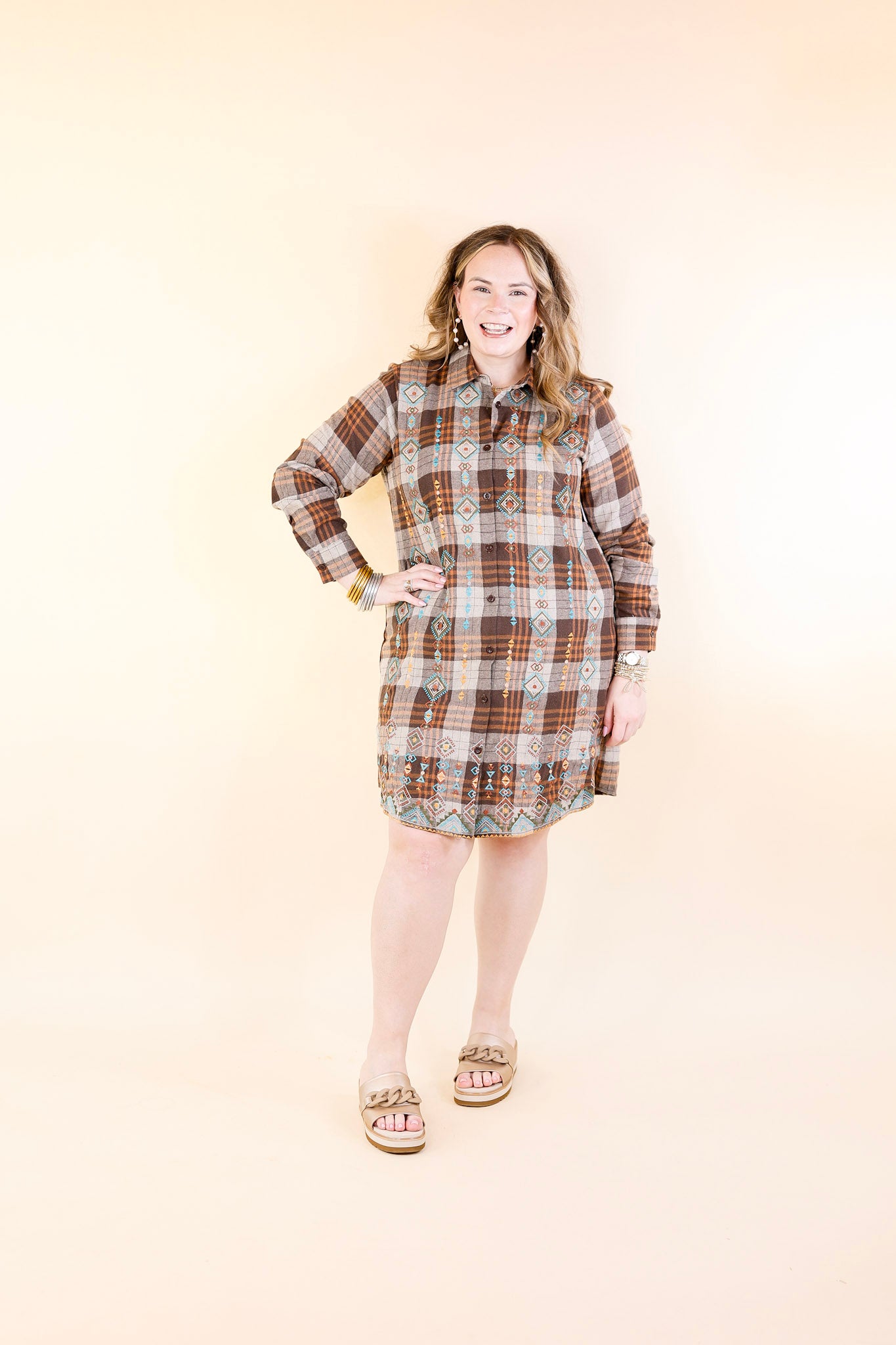 Loving In Layers Tribal Embroidered Plaid Button Up Dress in Brown Mix