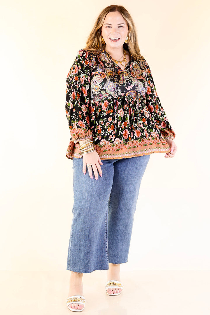 Floral Fusion Long Sleeve Floral Print Top in Black