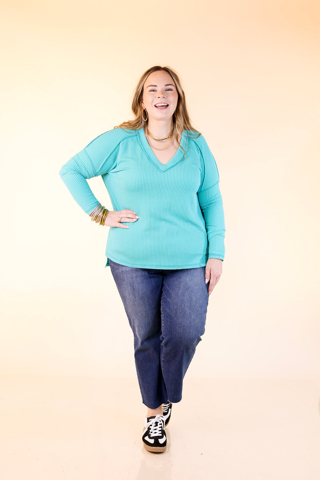 Daily Perfection V-Neck Long Sleeve Ribbed Top in Turquoise Blue