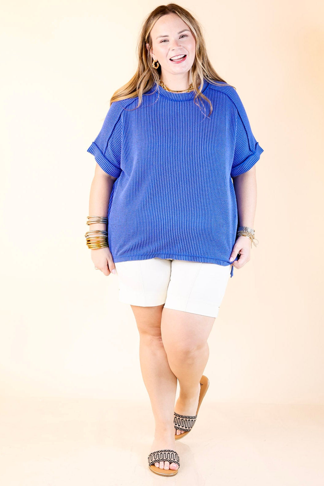 Daily Perfection Scoop Neck Short Sleeve Ribbed Top in Royal Blue