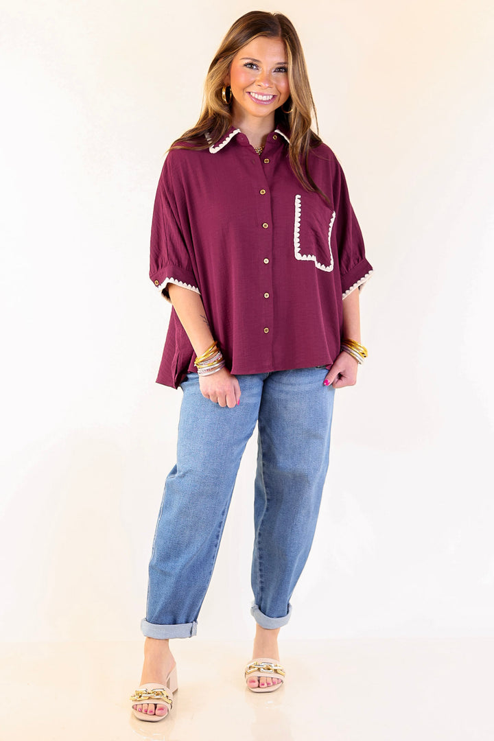 In Good Company Button Up Top with Scalloped Trim Stitching in Maroon