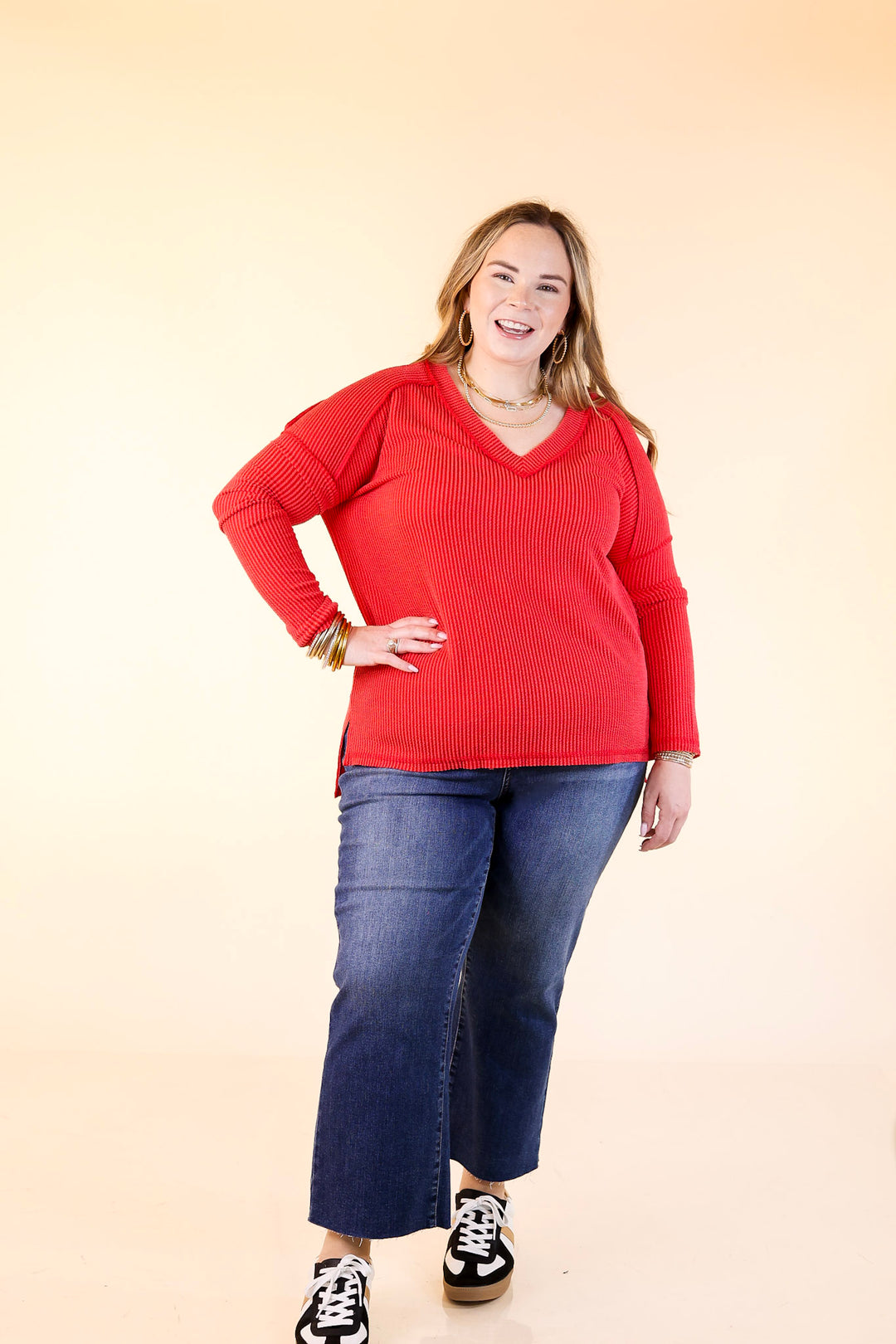 Daily Perfection V-Neck Long Sleeve Ribbed Top in Ruby Red