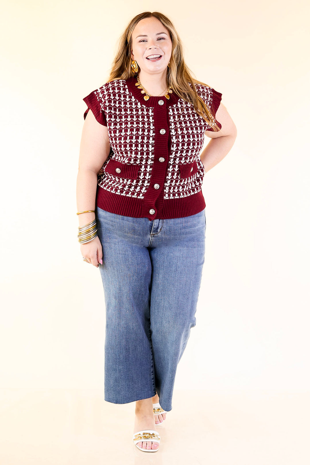 Statement Maker Button Front Large Tweed Sweater Vest in Maroon