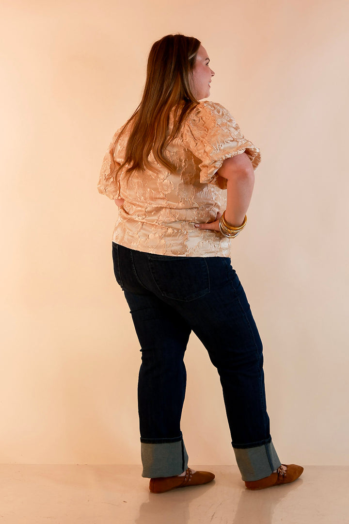 Pretty in Practice Textured Floral Print Puff Sleeve Blouse in Champagne Ivory