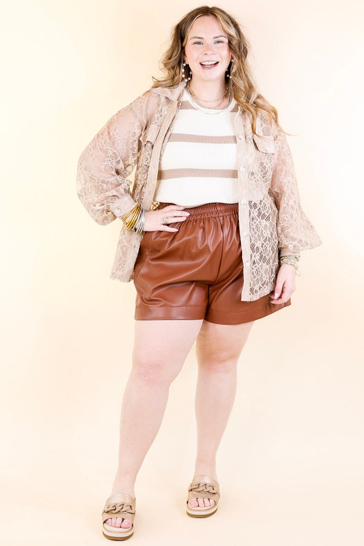 Sheer Chic Collared Button Up Lace Top in Taupe