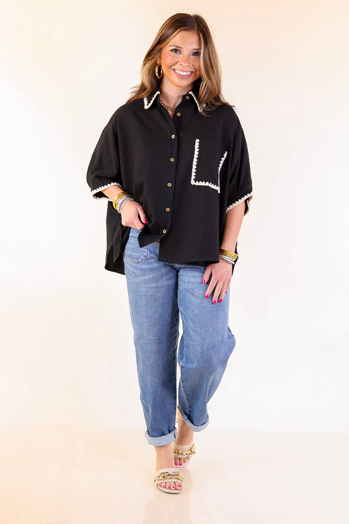 In Good Company Button Up Top with Scalloped Trim Stitching in Black