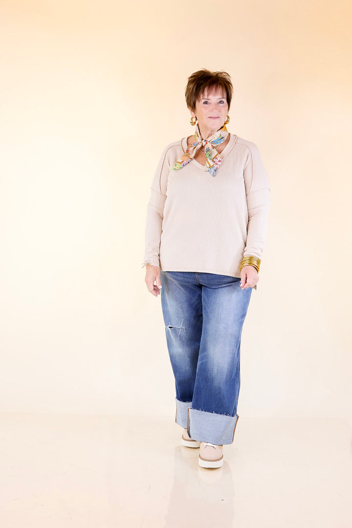 Daily Perfection V-Neck Long Sleeve Ribbed Top in Beige