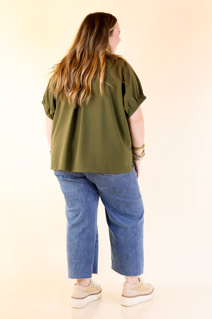 Fresh Start Collared V-Neck Blouse With Drop Shoulder in Olive Green