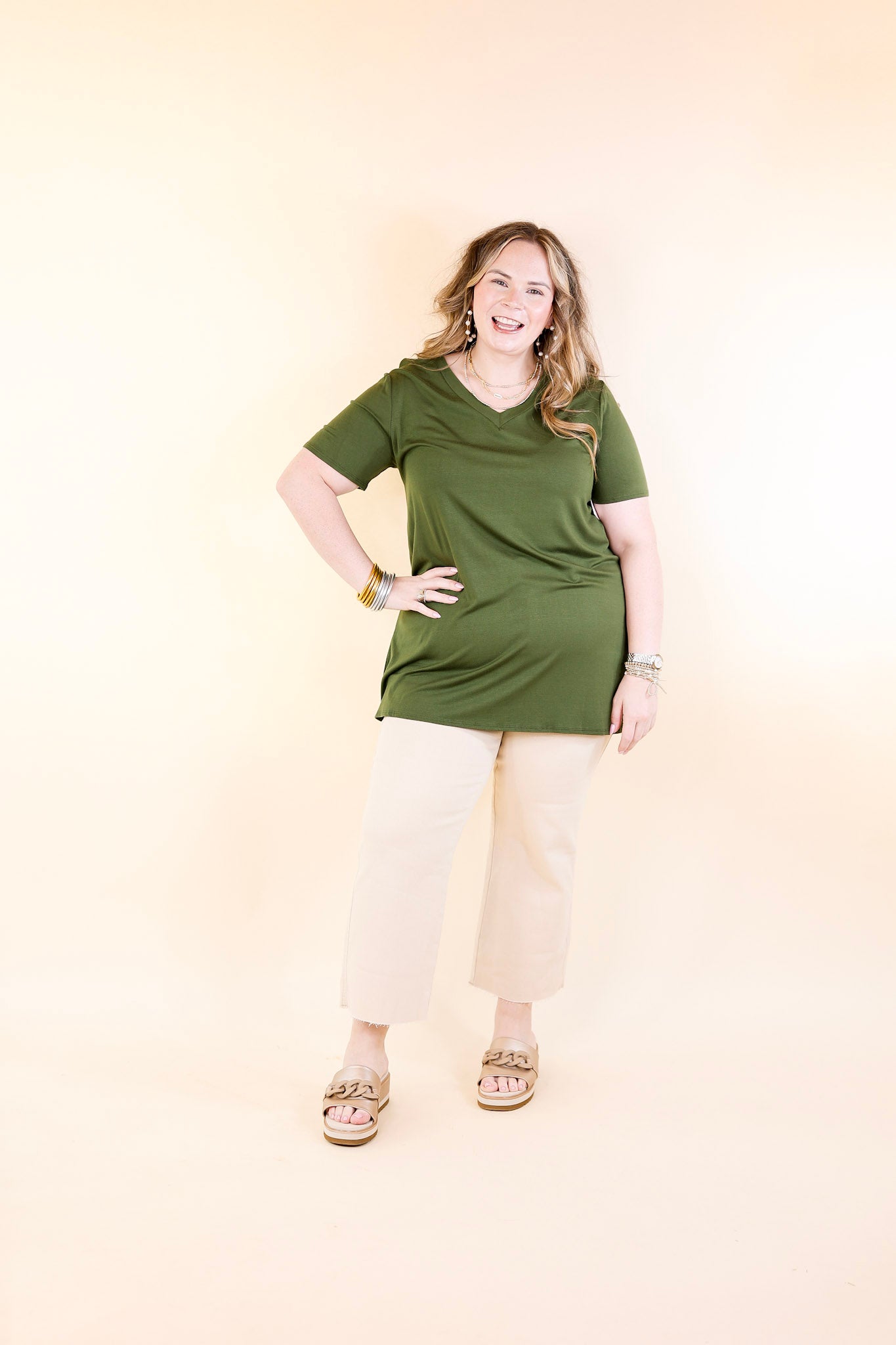 It's That Simple Solid V Neck Tee in Fern Green