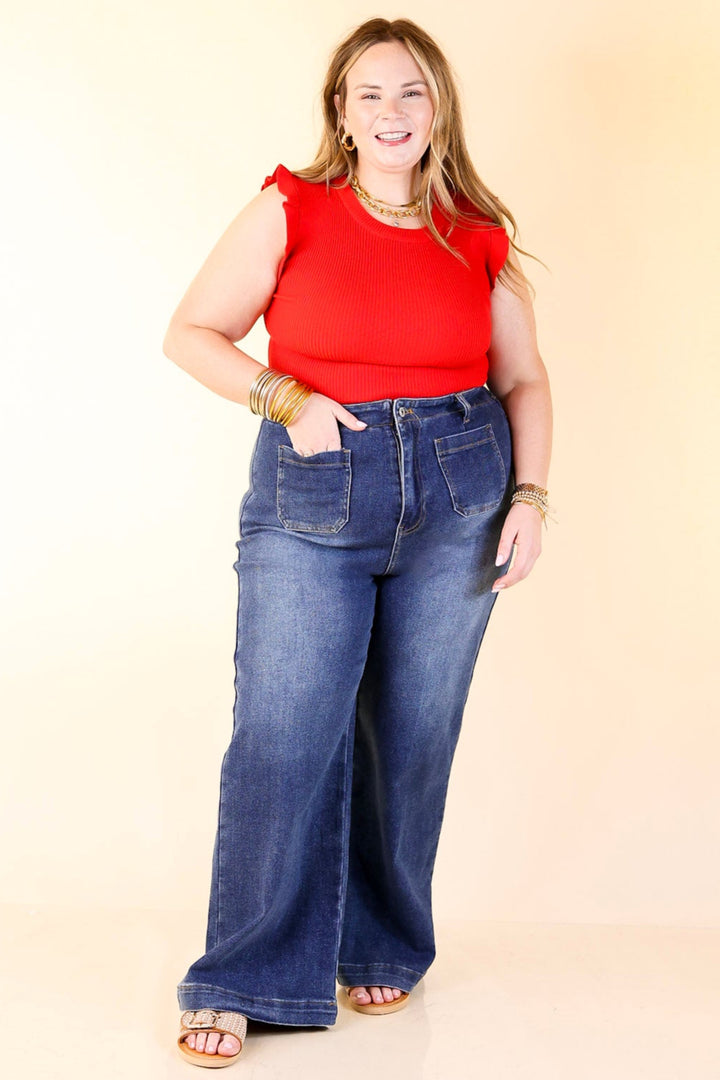 Flirty Frill Scoop Neck Top with Ruffle Sleeves in Red