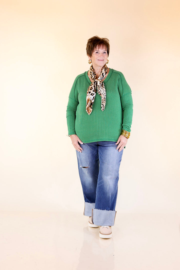 Daily Perfection V-Neck Long Sleeve Ribbed Top in Kelly Green