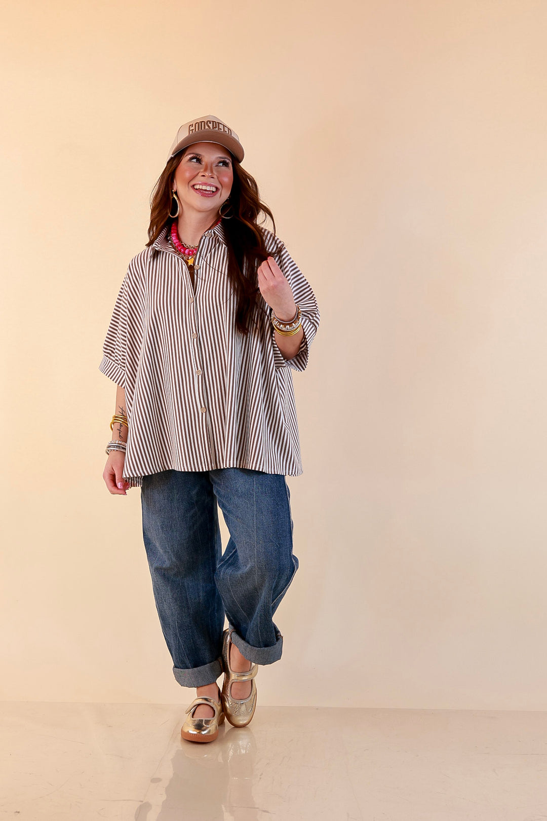 Perfectly Aligned Button Down Collared Top with Vertical Ivory Stripe Detail in Taupe Brown