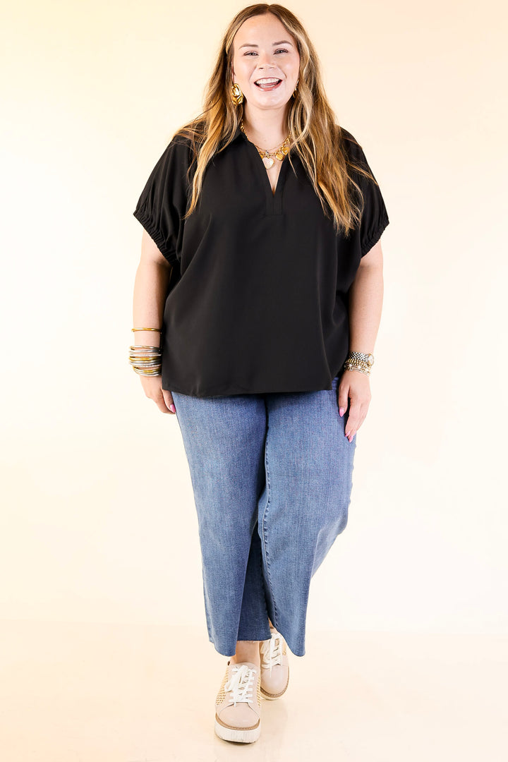 Fresh Start Collared V-Neck Blouse With Drop Shoulder in Black