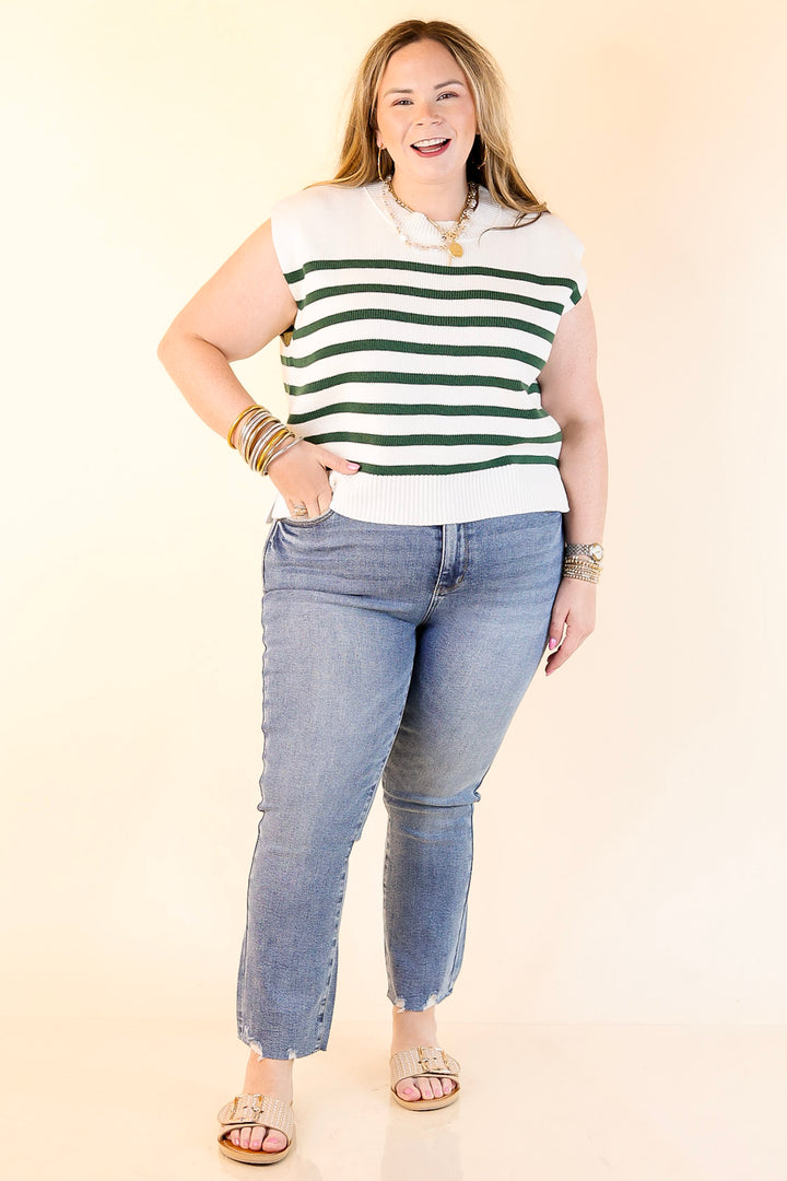 Stripe Things Up Drop Shoulder Knit Sweater in White with Forest Green Stripes