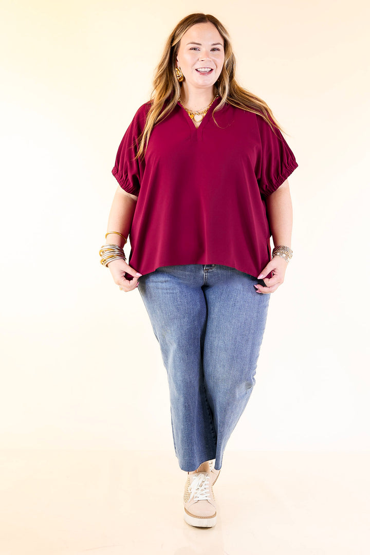 Fresh Start Collared V-Neck Blouse With Drop Shoulder in Maroon