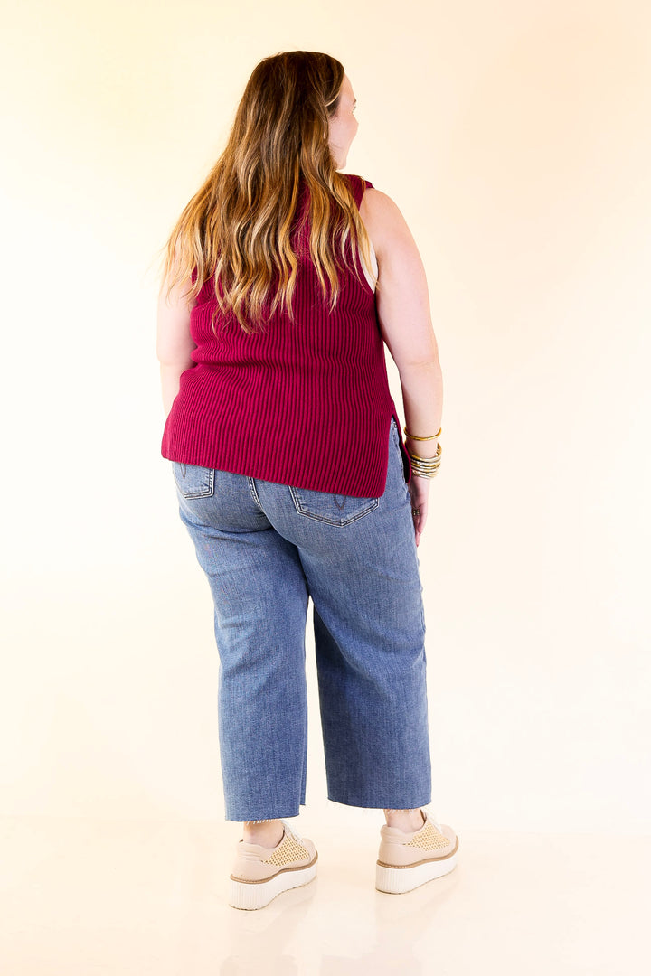 Sharp and Chic Button Front Ribbed Knit Sweater Vest in Maroon