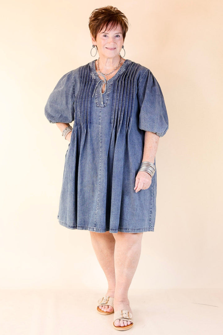 Breezy Beauty Denim Dress with Bow Keyhole and Front Pleating in Medium Wash