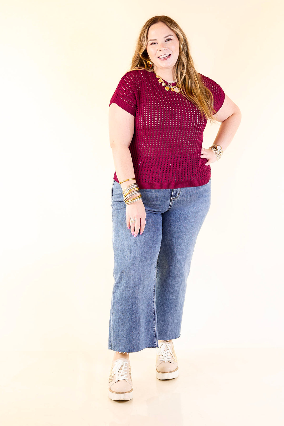 Breezy Intentions Open Knit Short Sleeve Sweater in Maroon