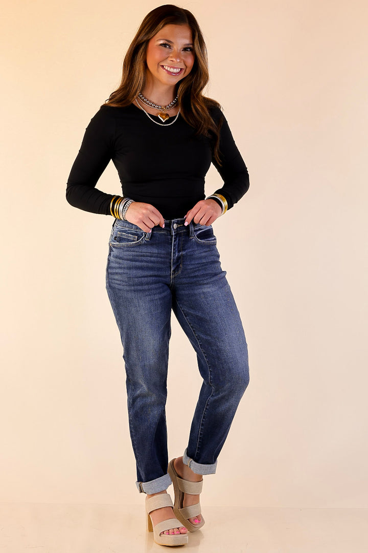 Judy Blue | Naturally Cool Cuffed Boyfriend Denim Jeans in Dark Wash