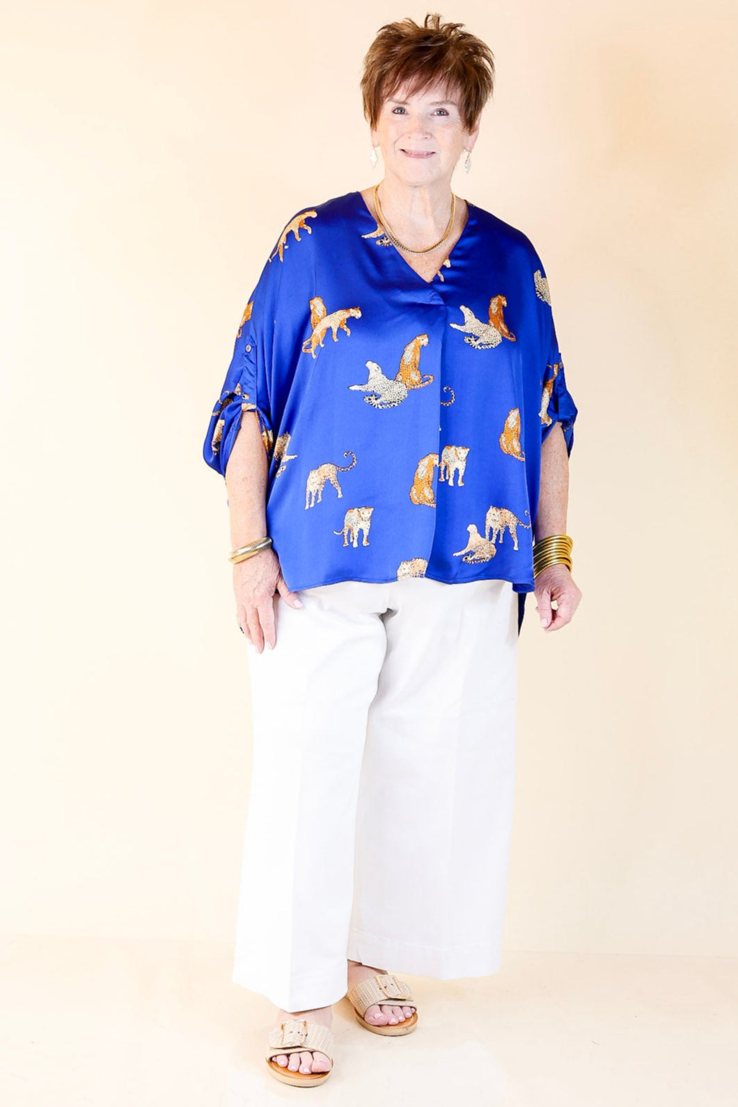 Staying Wild V-Neck Leopard Print 3/4 Sleeve Blouse in Royal Blue