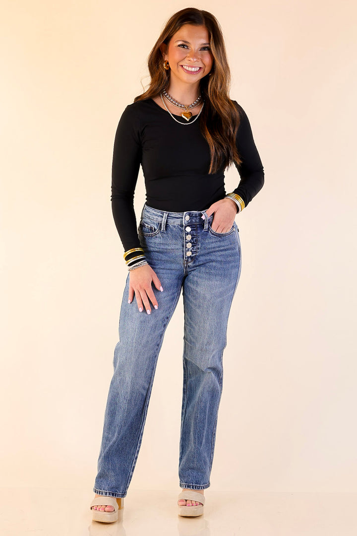 Judy Blue | Simply Styled Rigid Magic Button Fly Slim Straight Jeans in Medium Wash