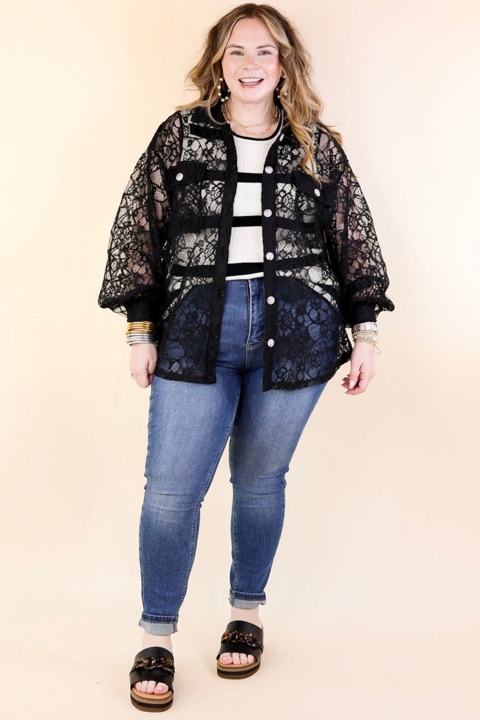 Sheer Chic Collared Button Up Lace Top in Black