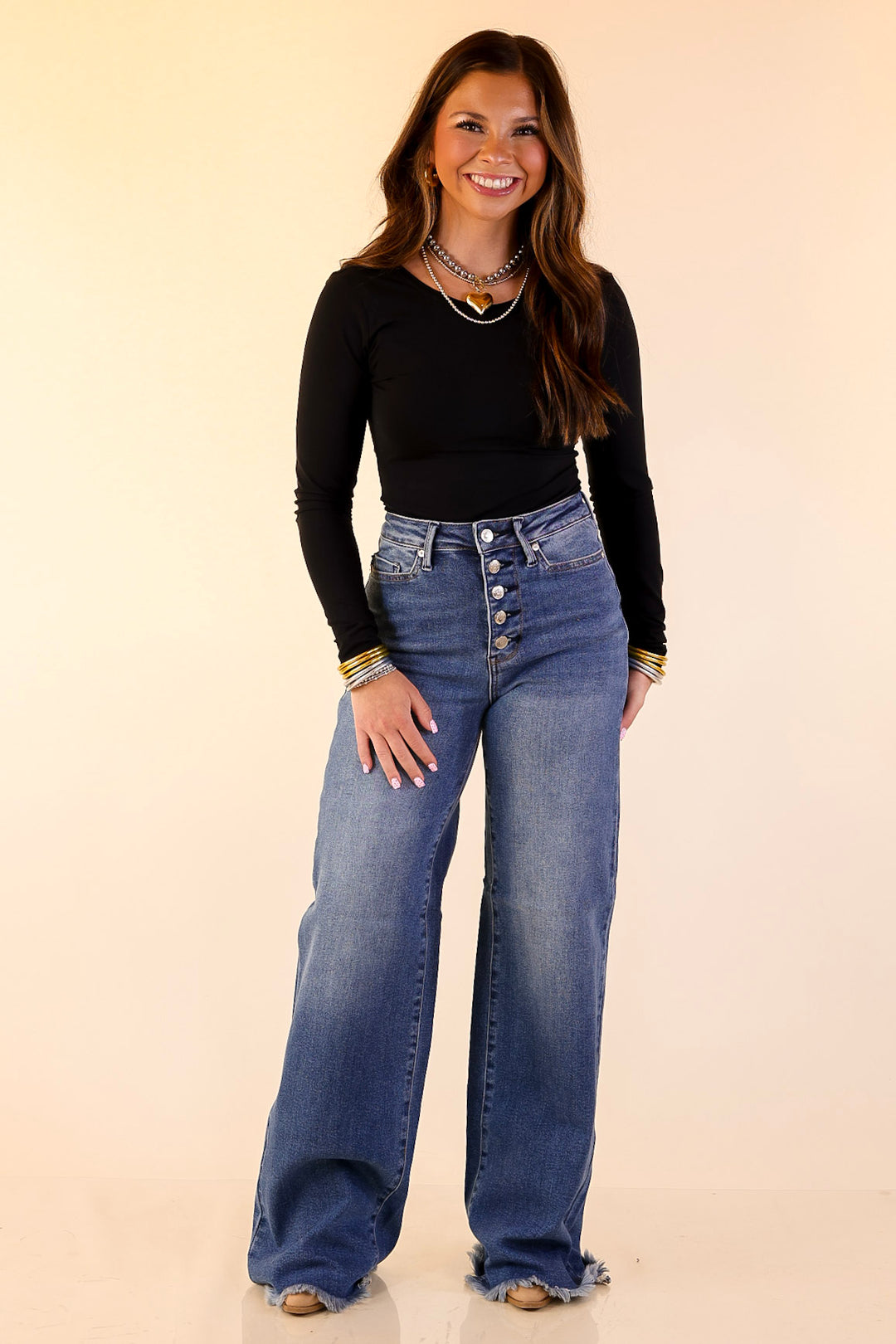 Judy Blue | Sharp Statement Straight Wide Leg Button Fly Jeans with Raw Hem in Dark Wash