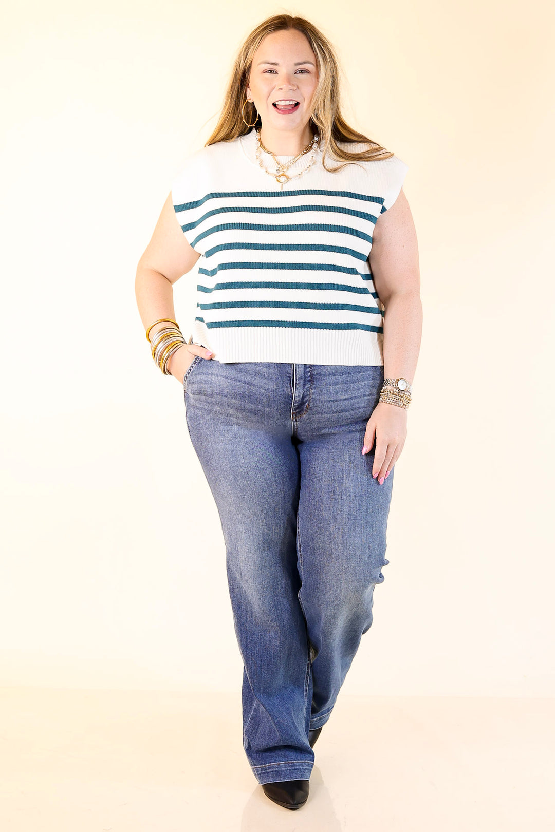 Stripe Things Up Drop Shoulder Knit Sweater in White with Teal Blue Stripes