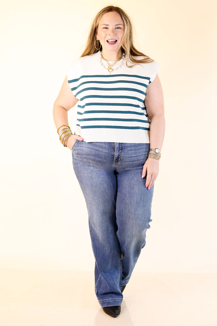 Stripe Things Up Drop Shoulder Knit Sweater in White with Teal Blue Stripes