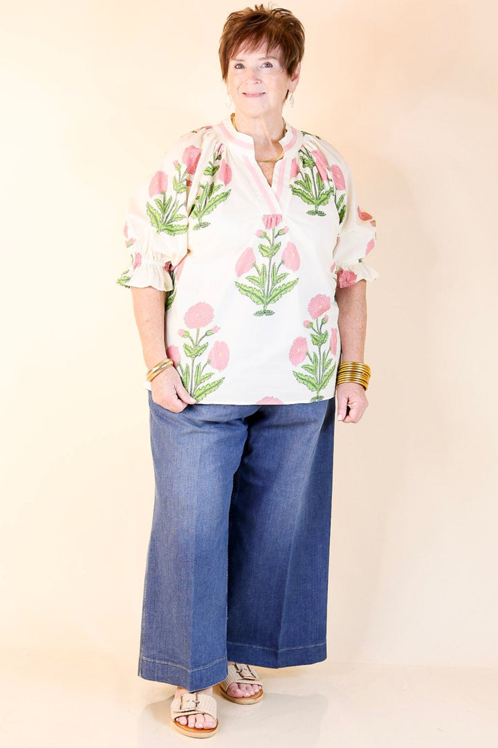 Polished in Petals Floral Print Blouse with Ruffle Sleeves in Cream