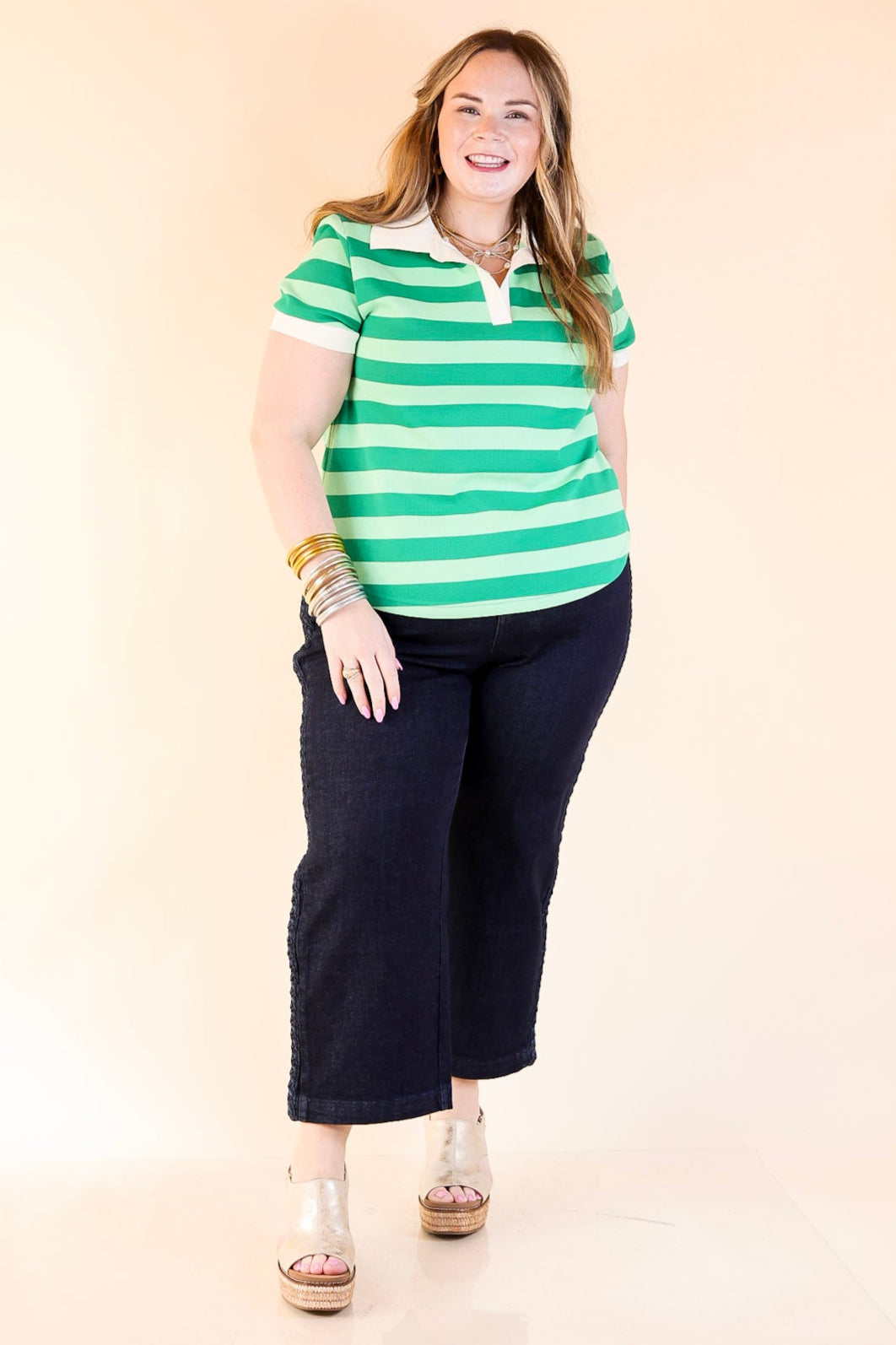 Statement in Stripes Short Sleeve Collared Shirt with Stripes in Green