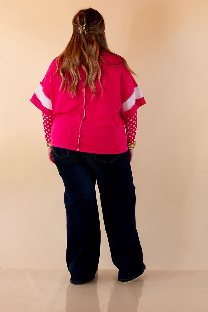 The Essential Layer White Polka Dot Print Sheer Mesh Long Sleeve Top in Hot Pink