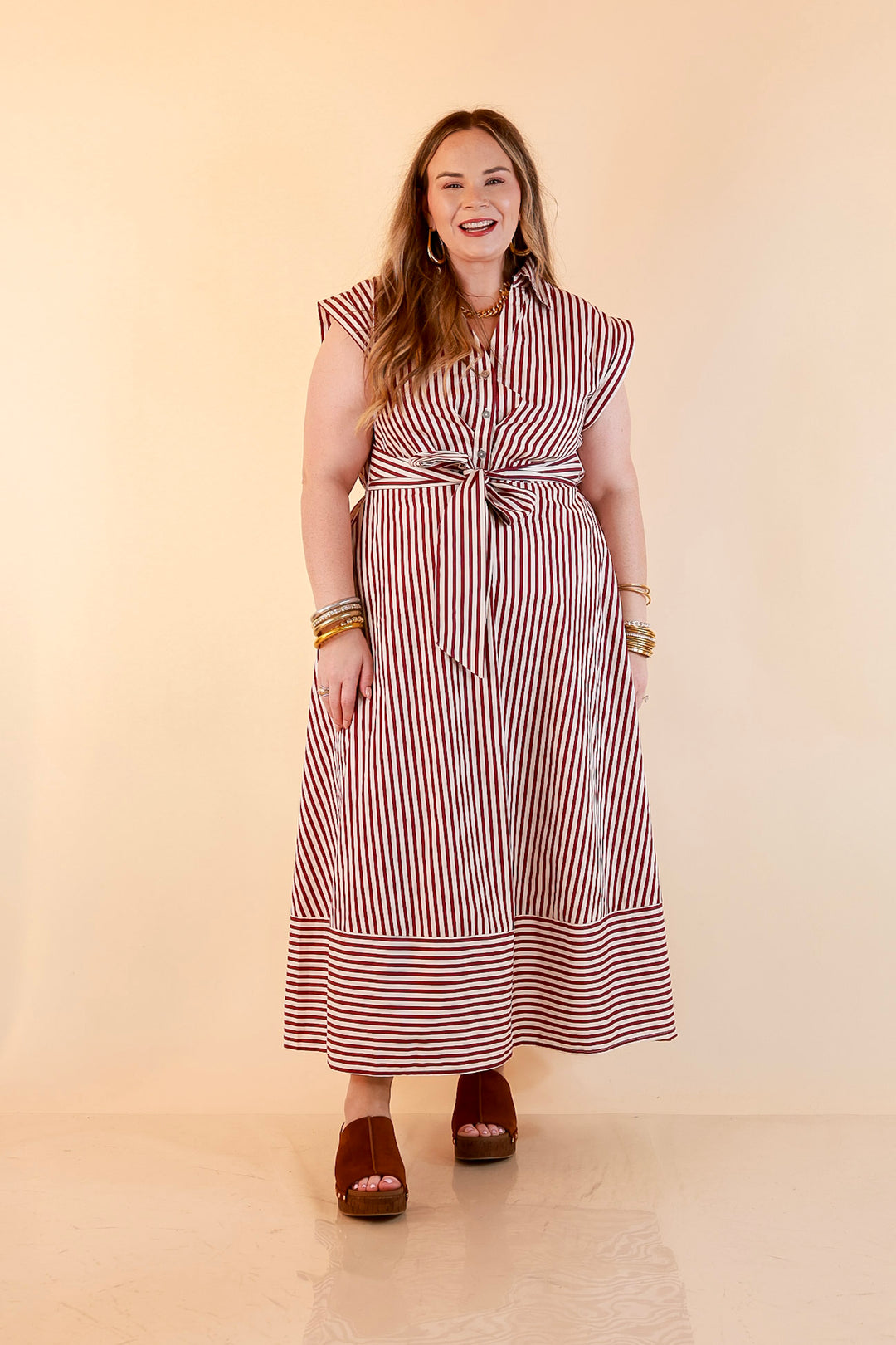 In Good Standing Striped Tie Waist Button Down Midi Dress in Maroon and Ivory