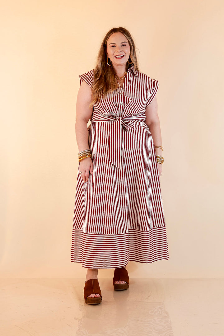 In Good Standing Striped Tie Waist Button Down Midi Dress in Maroon and Ivory