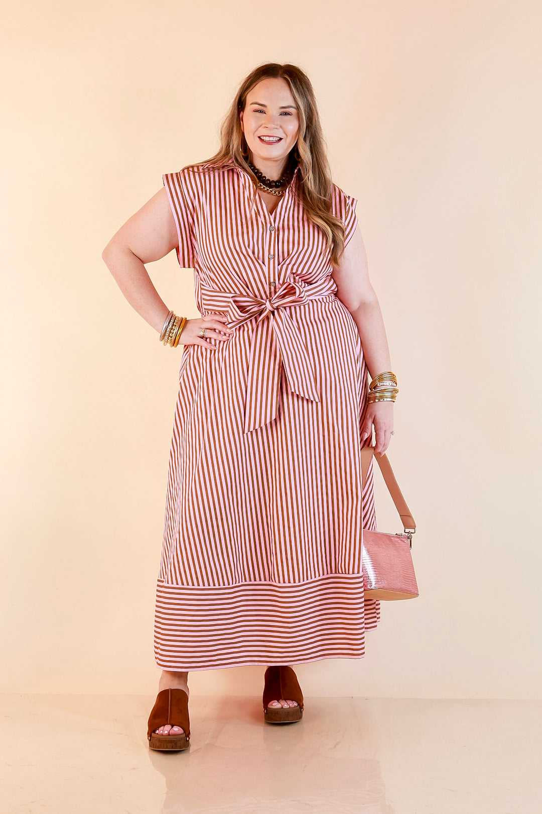 In Good Standing Striped Tie Waist Button Down Midi Dress in Pink and Brown