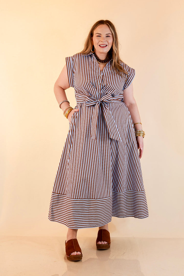 In Good Standing Striped Tie Waist Button Down Midi Dress in Blue and Brown
