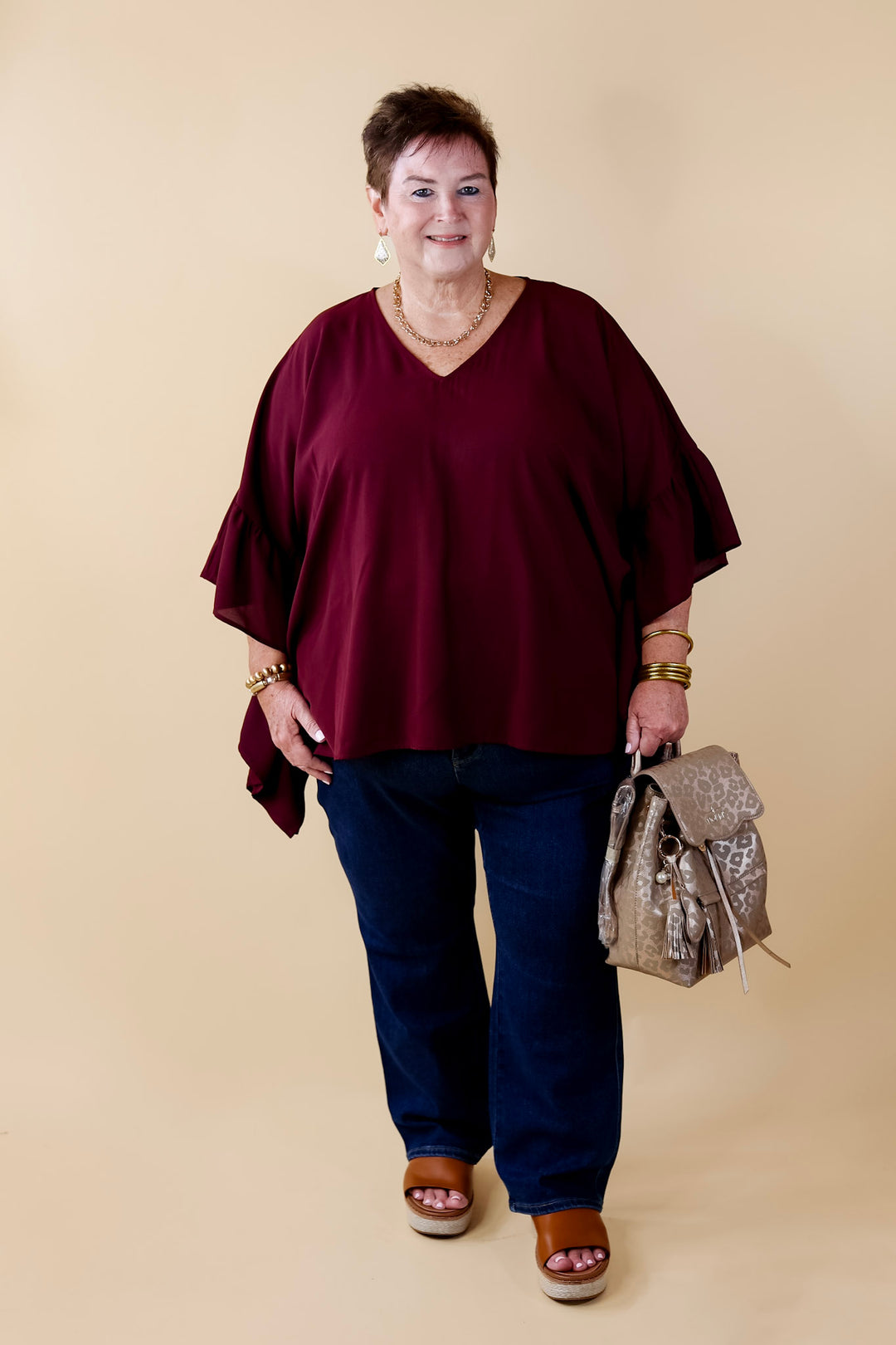 Secret Strength Ruffle Detail Poncho Top in Maroon - Giddy Up Glamour Boutique