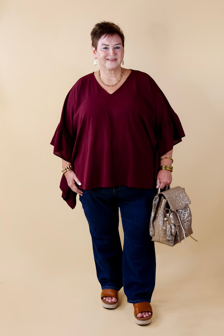 Secret Strength Ruffle Detail Poncho Top in Maroon - Giddy Up Glamour Boutique