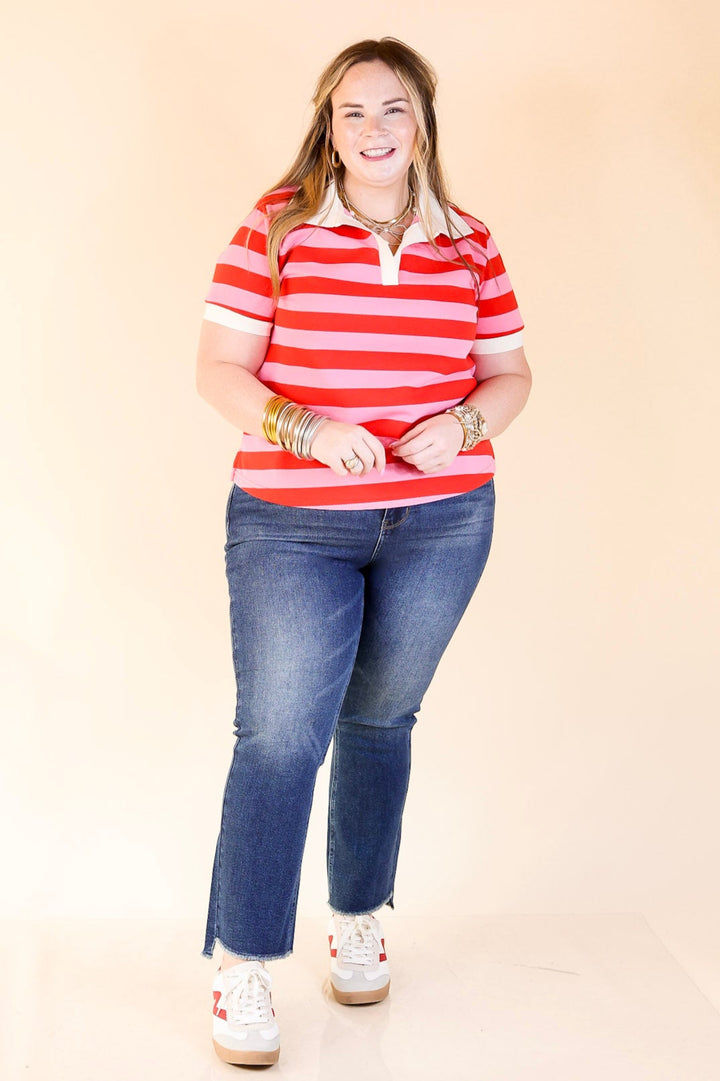 Statement in Stripes Short Sleeve Collared Shirt with Stripes in Pink