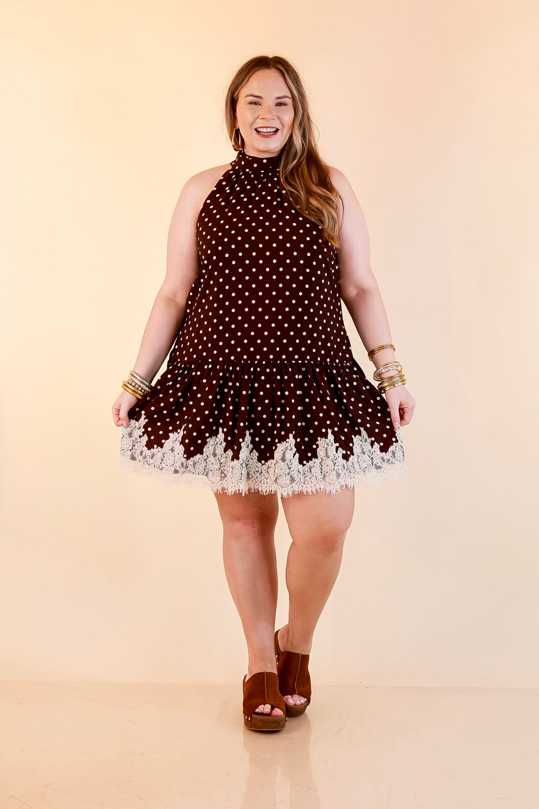 Something to Love Polka Dot Lace Trim Halter Dress in Chocolate Brown and Ivory
