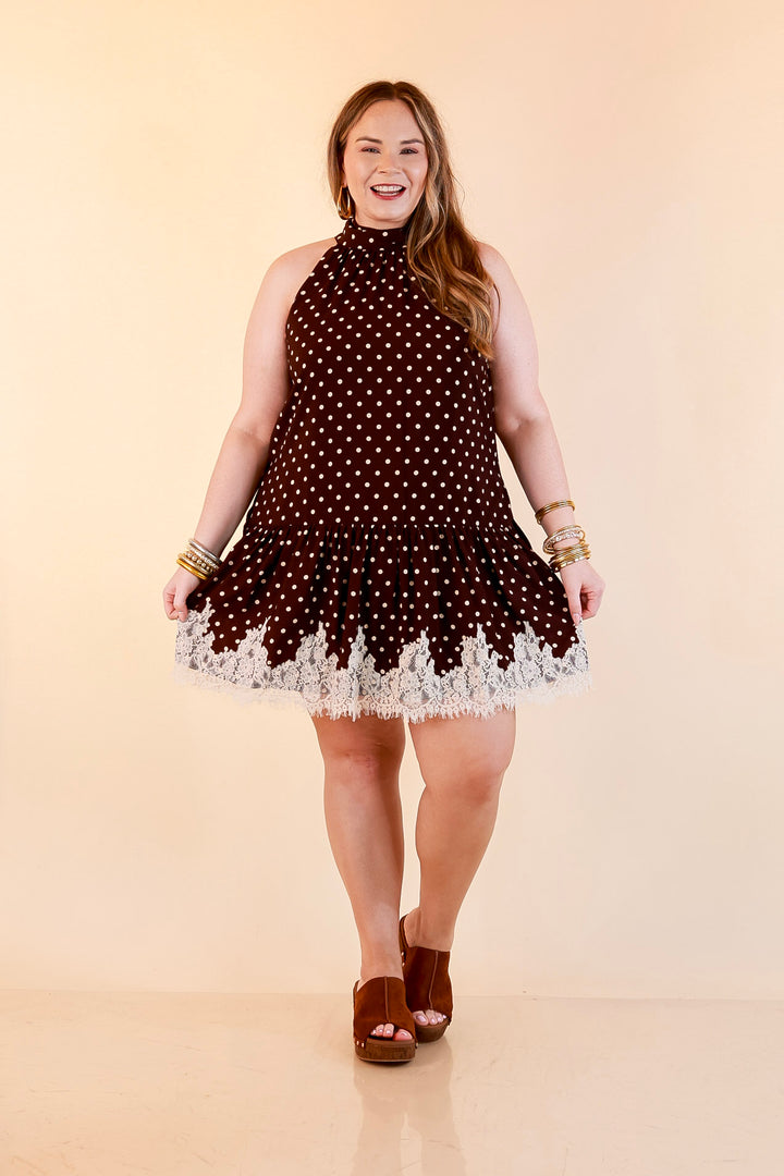 Something to Love Polka Dot Lace Trim Halter Dress in Chocolate Brown and Ivory